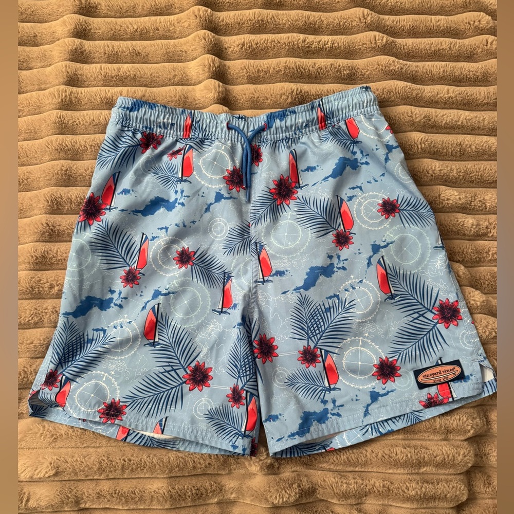 Vineyard Vines Youth XL Swim Trunks Nautical Sailboat Print Blue